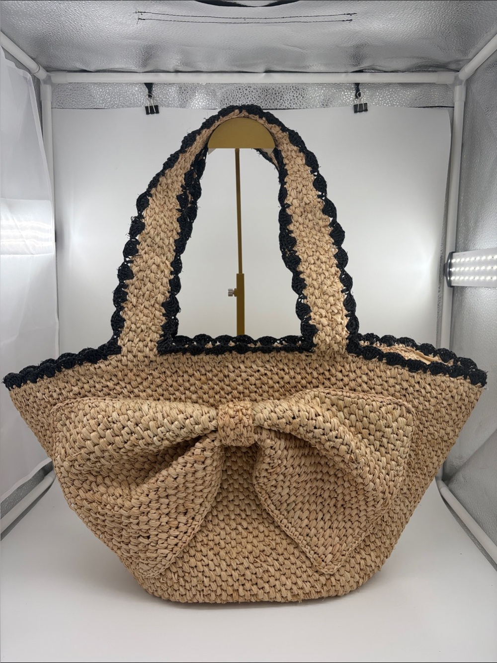 kate spade Beige Straw Tote with Black Trim and Bow